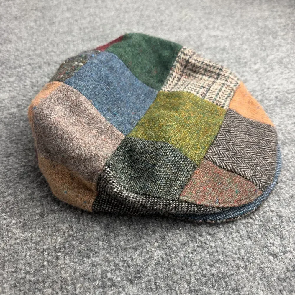 Vintage Hanna Hats Donegal Patchwork Tweed Newsboy Cap XL Made in Ireland Wool